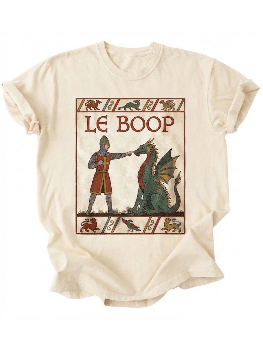 Le Boop Medieval Knight And Dragon Funny Art Cream Gildan T-Shirt